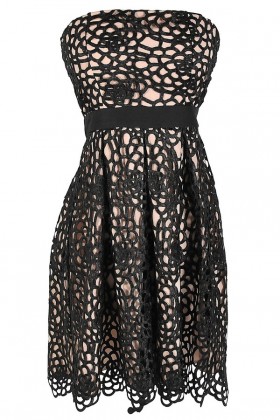 Sweet Honeycomb Lace Overlay Strapless Designer Dress by Minuet in Black/Nude